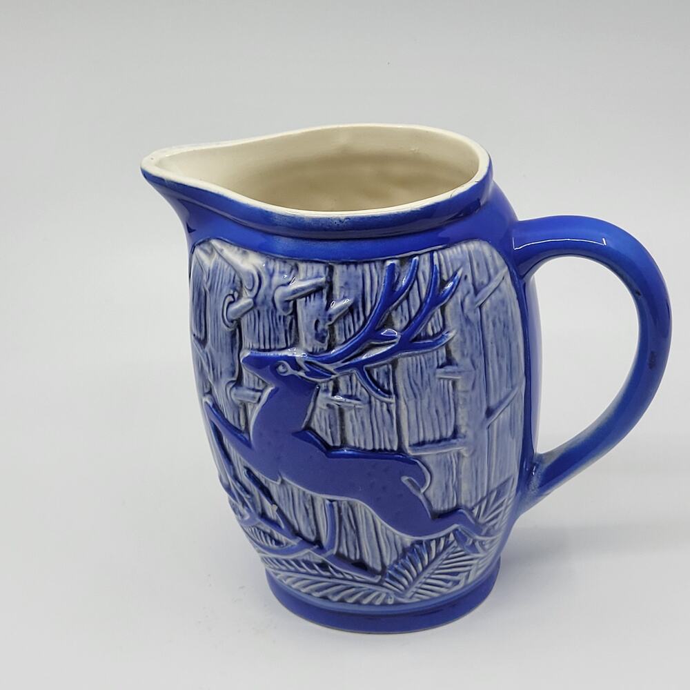 Vintage Saint Clement France Pitcher Deer in the Forest pattern Blue and White